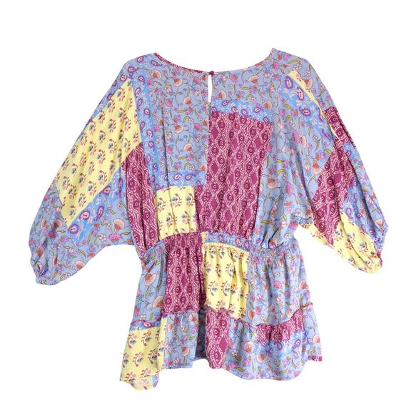 Cato Floral Patchwork Rayon Peasant Blouse Top Women's 2X Plus Dolman Slv Tiered - Picture 2 of 10